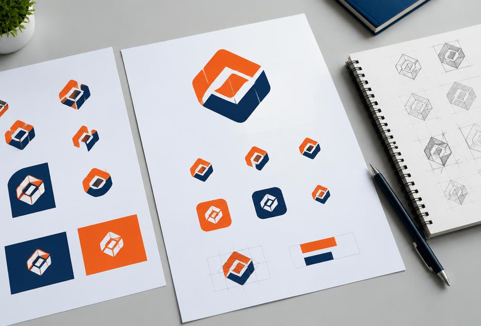 Logo design presentation sheets and sketches